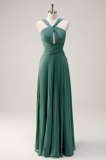 Eucalyptus A Line Halterneck Chiffon Plissert Lang Brudepike Kjole